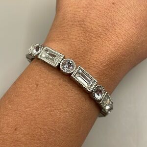 Vintage Silver Tone Rhinestone Bangle Cuff Statement Bracelet